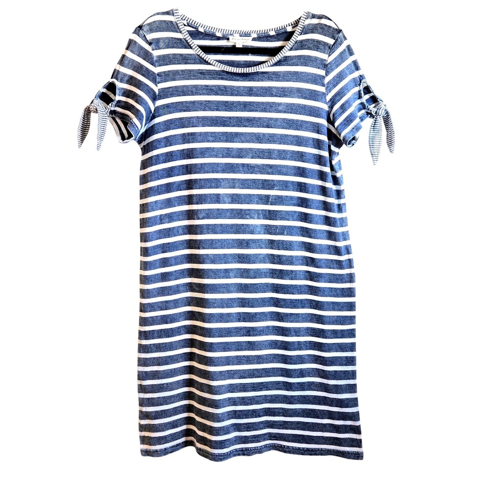 Jane and Delancey Blue White Striped Cotton T-Shirt Dress Tie Sleeve Women's M‎